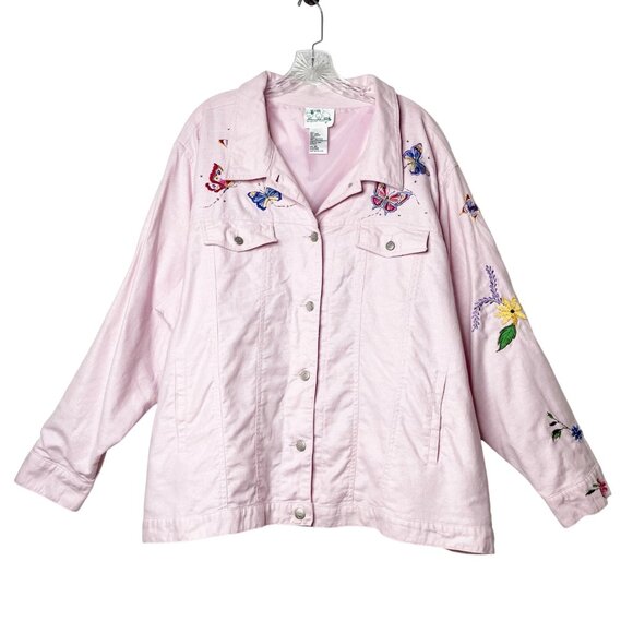 Vintage the Quacker Factory Pink Denim Jacket with Embroidered Floral Design 3X - Picture 1 of 11